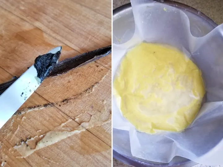 two photos showing how to scrape seeds from a vanilla bean and how to chill vanilla custard to avoid a skin on top