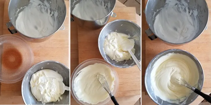 side by side photos showing the three steps to mixing a vanilla mousse