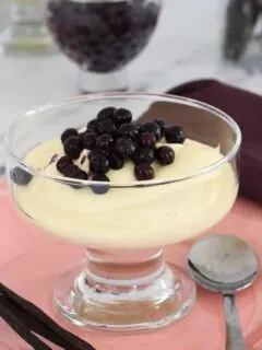 a dessert dish filled with vanilla mousse topped with wild blueberries
