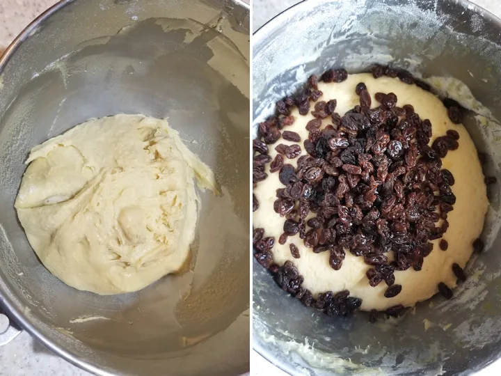 two photos showing how to add rum raisins to baba pastry dough