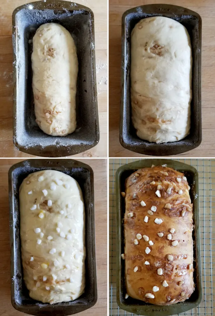 four photos showing dutch sugar bread before and after rising and before and after baking