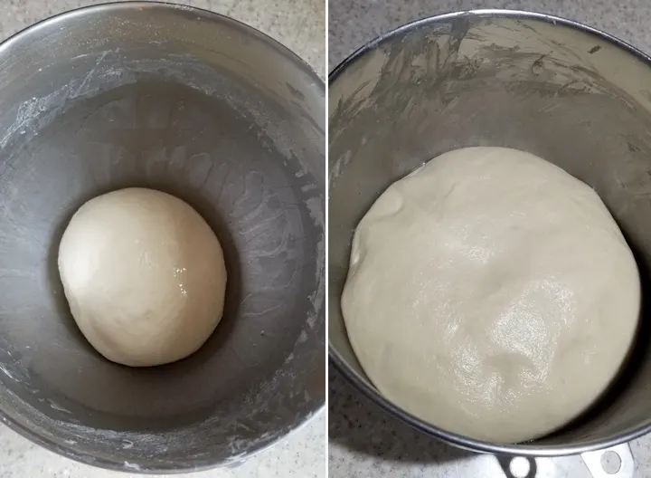 two side by side photos showing dutch sugar bread dough before and after rising