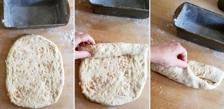 three photos showing how to shape a loaf of dutch sugar bread