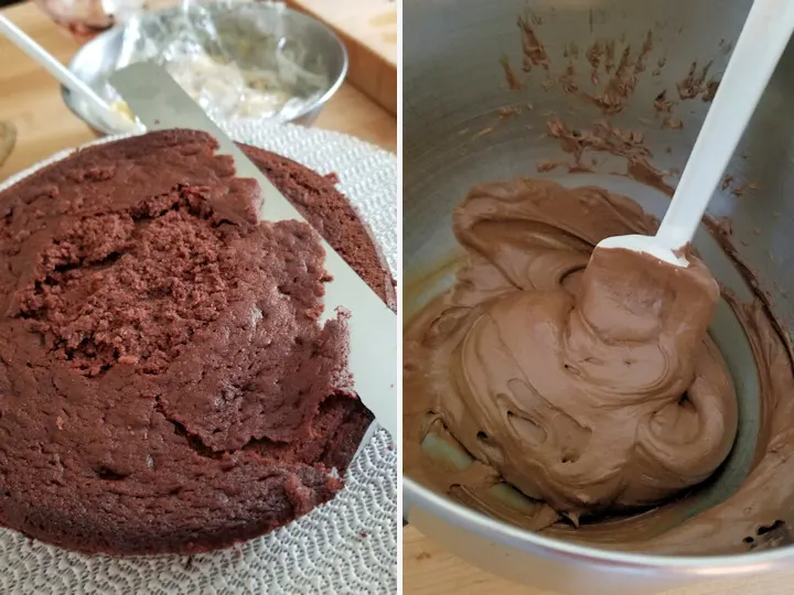 a cake being cut. A bowl of chocolate ganache