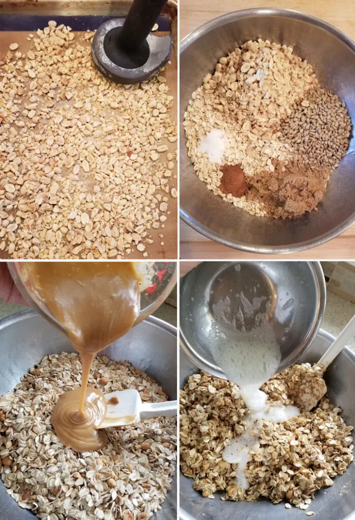 four photos showing the steps to making peanut butter granola