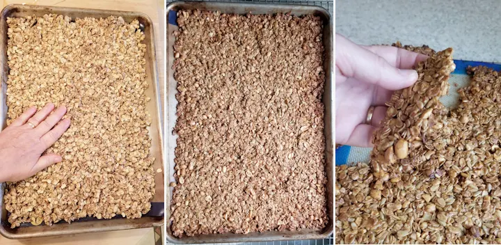the side by side photos showing how to bake peanut butter granola