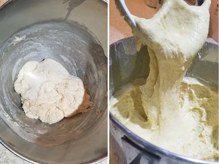 two photos showing how to make sourdough baba au rhum batter