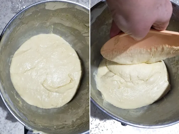 two photos showing how to fold raisins into sourdough baba au rhum dough