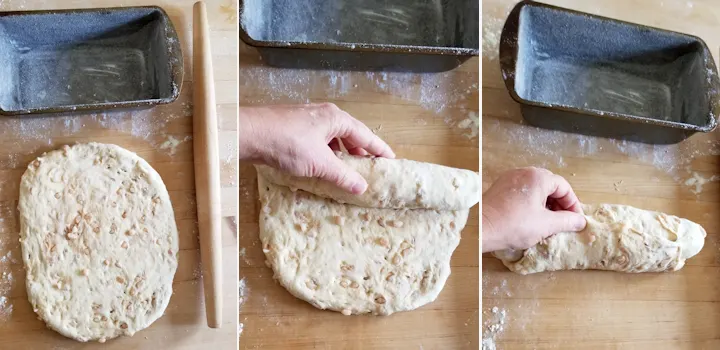 three photos showing how to shape a loaf of sourdough dutch sugar bread
