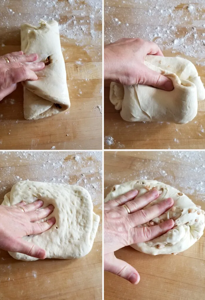 four photos showing how to incorporate sugar pearls into dutch sugar bread (suikerbrood)