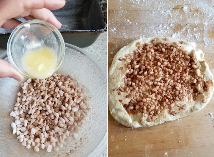 two photos showing how to mix sugar pearls into sourdough suikerbrood