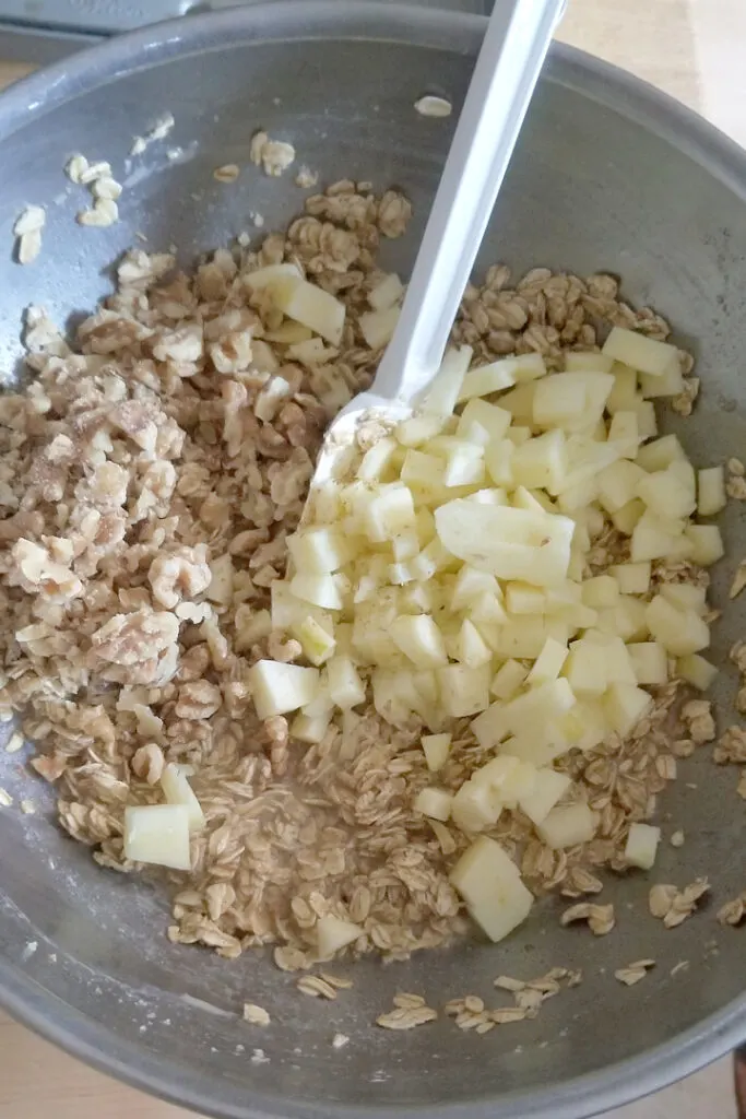 a mixing bowl with oats, milk, eggs and apples.