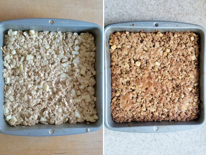 two side by side photos showing apple maple baked oatmeal before and after baking.