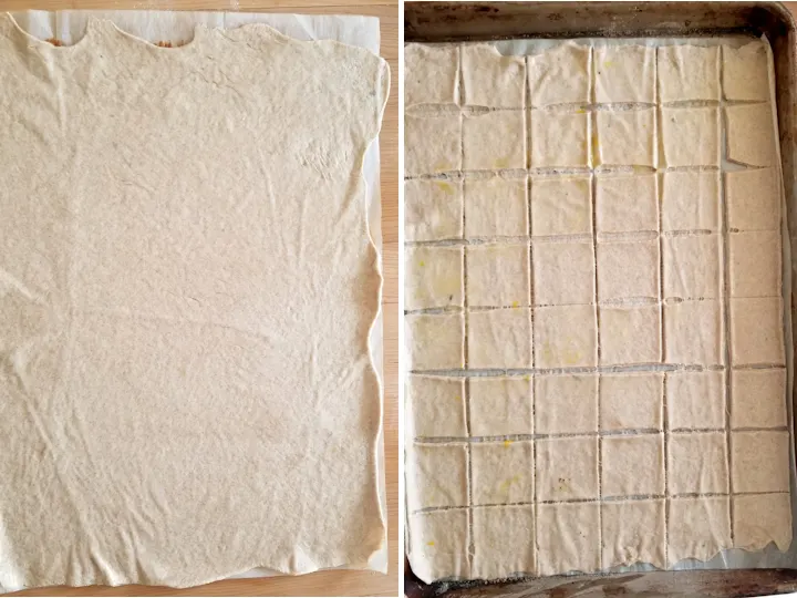 two side by side photos showing how to roll and cut sourdough crackers