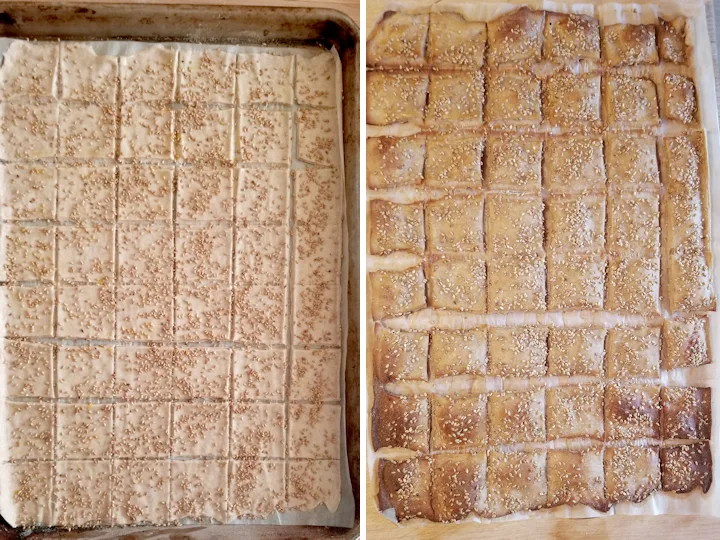 two side by side photos showing sourdough whole wheat crackers before and after baking