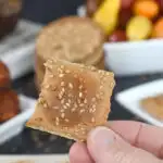 a hand holding a sourdough cracker