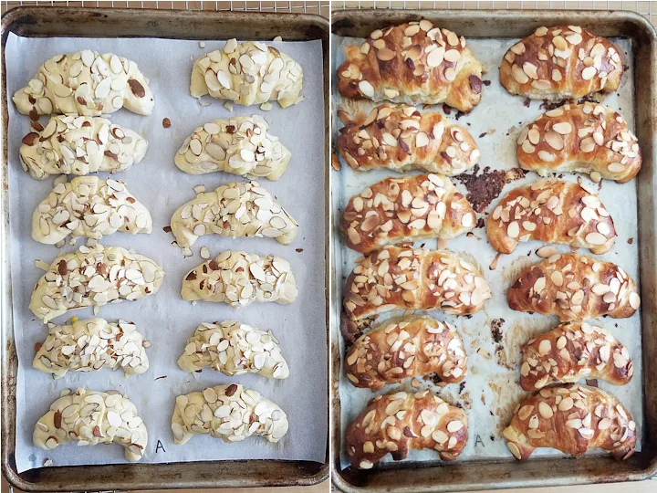 almond croissants, before and after baking.