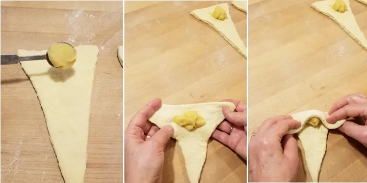three photos showing how to put almond filling in a croissant