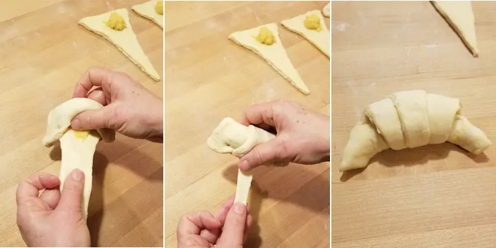 three photos showing how to roll almond croissants