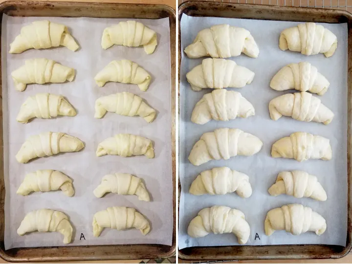 before and after photos of proofing almond croissants