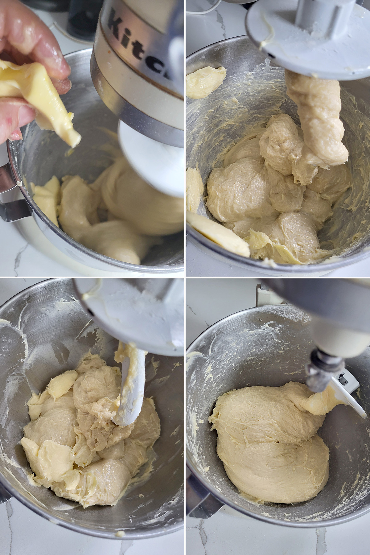 brioche dough in a bowl with butter being added.