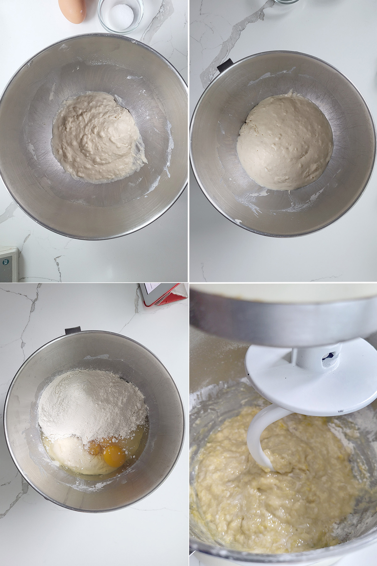 yeast and milk in a bowl. eggs and flour added to bowl.