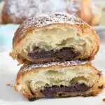 an interior view of a chocolate croissant