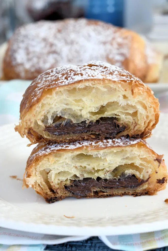 an interior view of a chocolate croissant