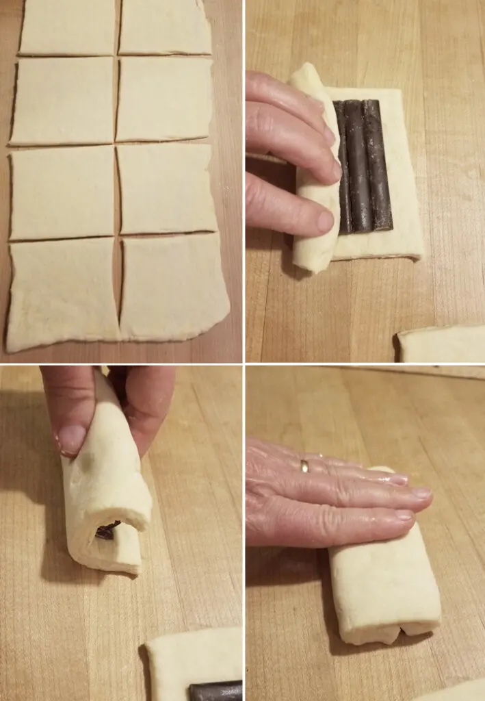 four photos showing how to cut and fill chocolate croissants