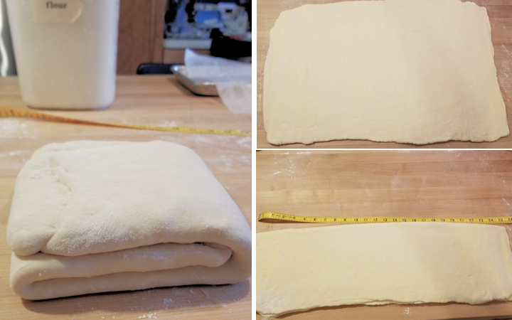 the photos showing how to roll and fold croissant dough to laminate the butter into the dough