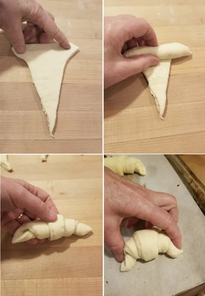 four photos showing how to form a croissant