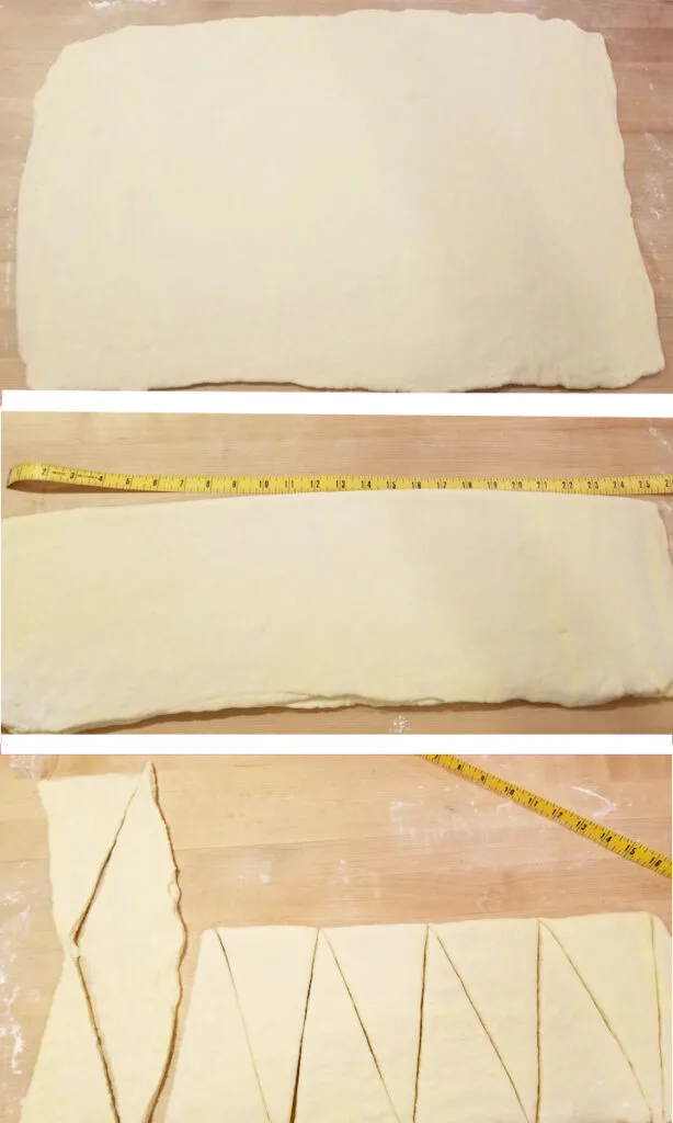 three photos showing how to roll and cut croissants