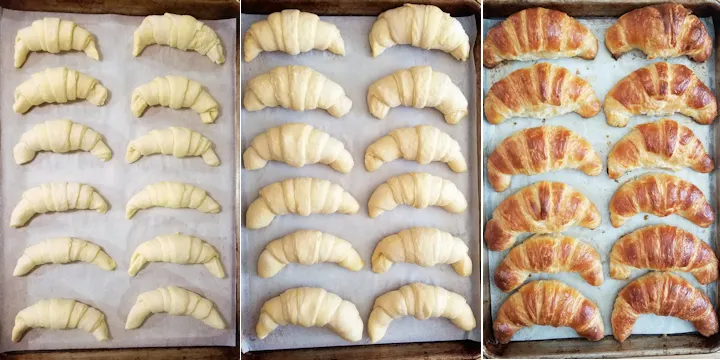 three photos showing croissants before and after rising and after baking