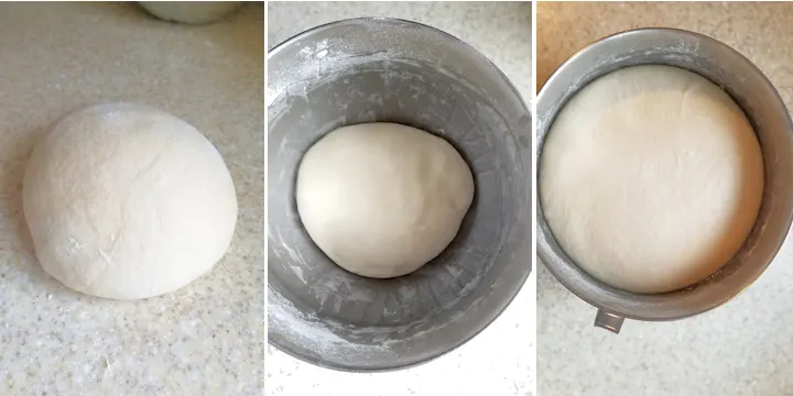 three side by side photos showing croissant dough after mixing and before and after rising.