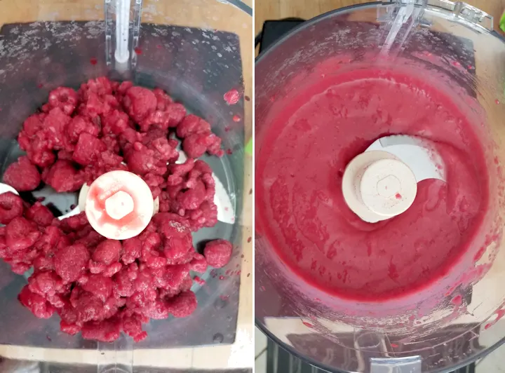 two side by side photos before and after pureeing raspberries 