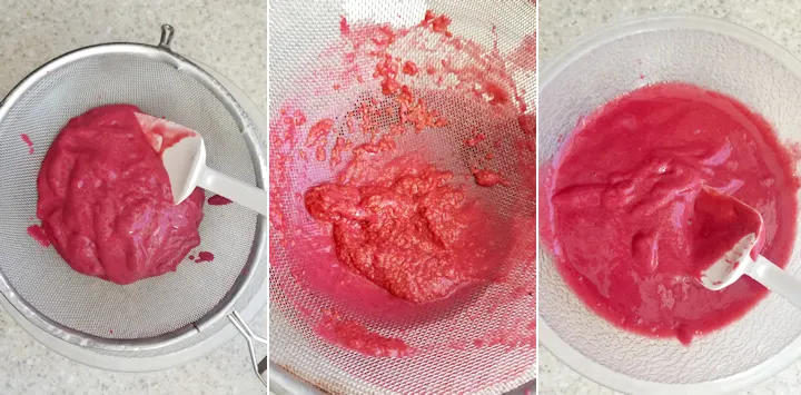three side by side photos showing how to strain raspberry puree to remove seeds