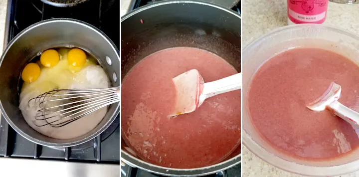 three side by side photos showing how to cook raspberry curd