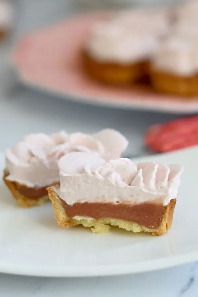 a raspberry tart cut in half on a plate