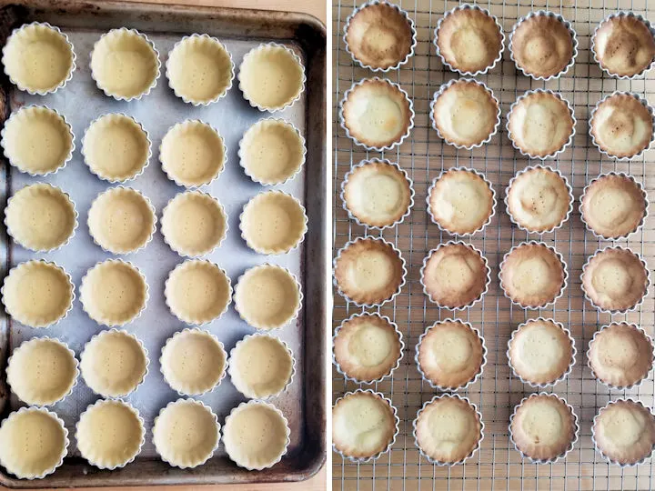 two side by side photos showing mini tarts before and after baking