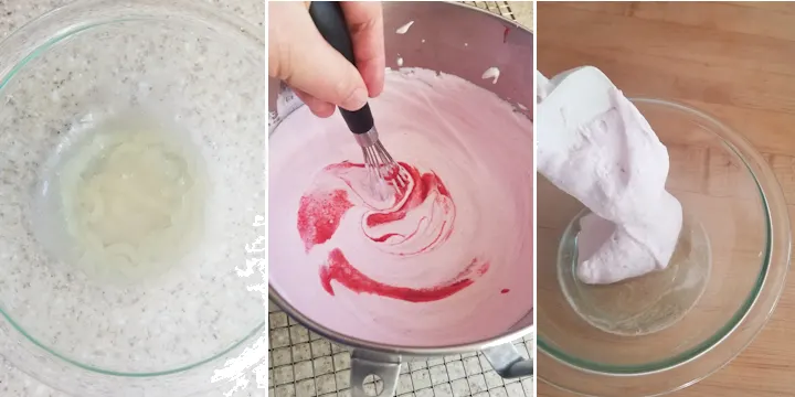 three photos showing how to bloom gelatin and mix it into raspberry cream. 
