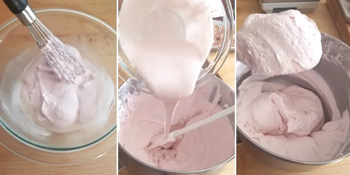 three photos showing how to "liason" gelatin into cream