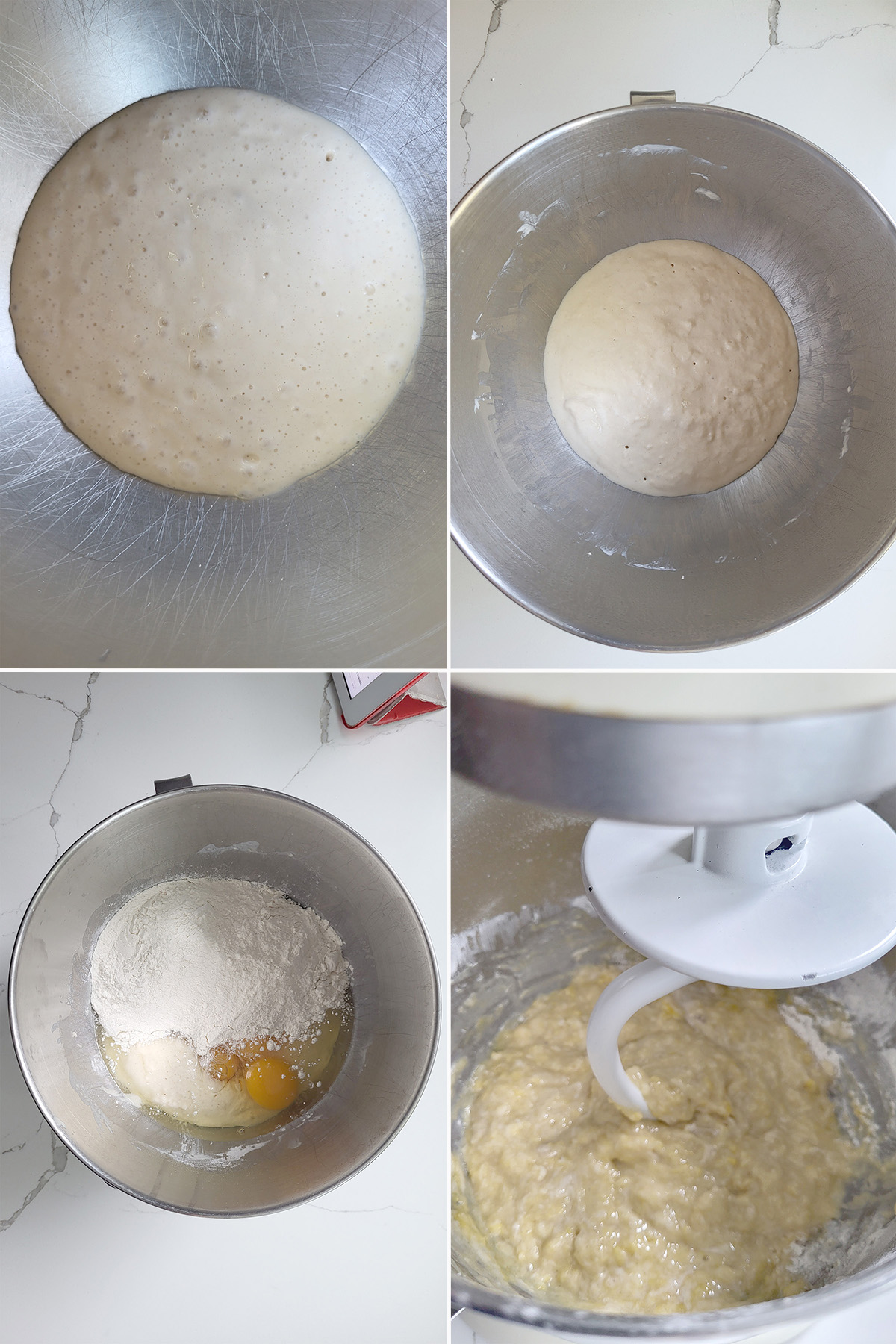 sourdough starter in a bowl. Flour, eggs added to the bowl.