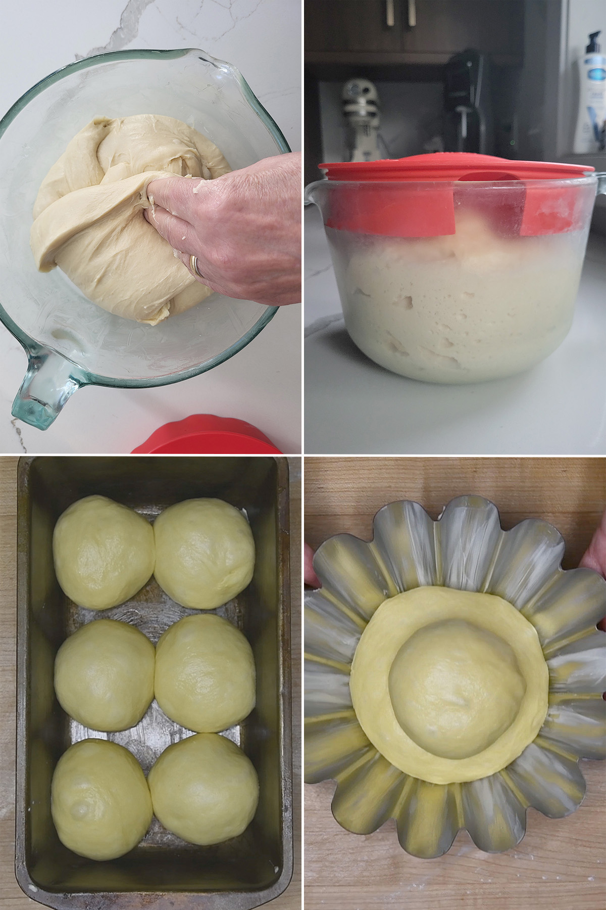 a hand folding sourdough. Sourdough in a glass bowl. Unbaked sourdough in a pan.