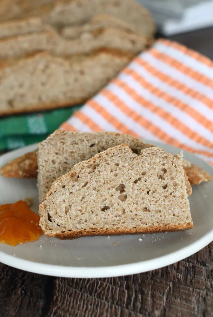 a piece of irish brown bread on a plate with marmalade