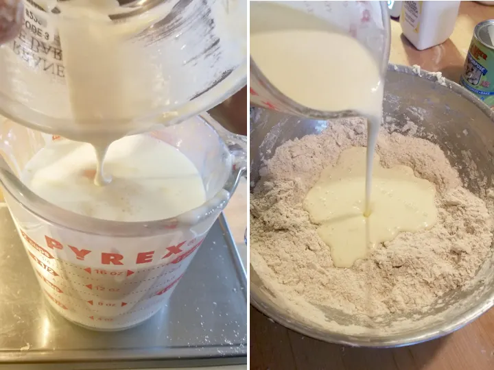 two side by side photos showing how to mix sourdough irish brown bread