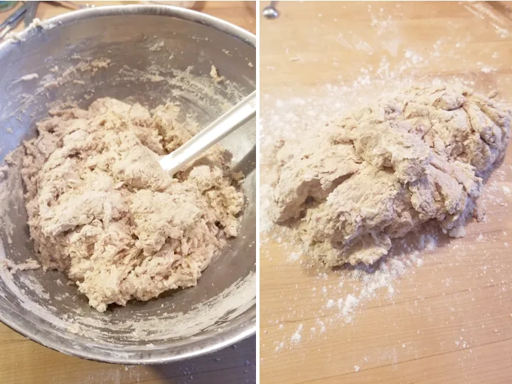 two side by side photos showing how to mix brown bread