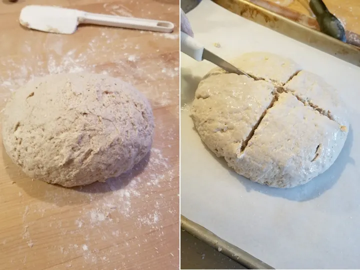 two photos showing how to shape irish brown bread