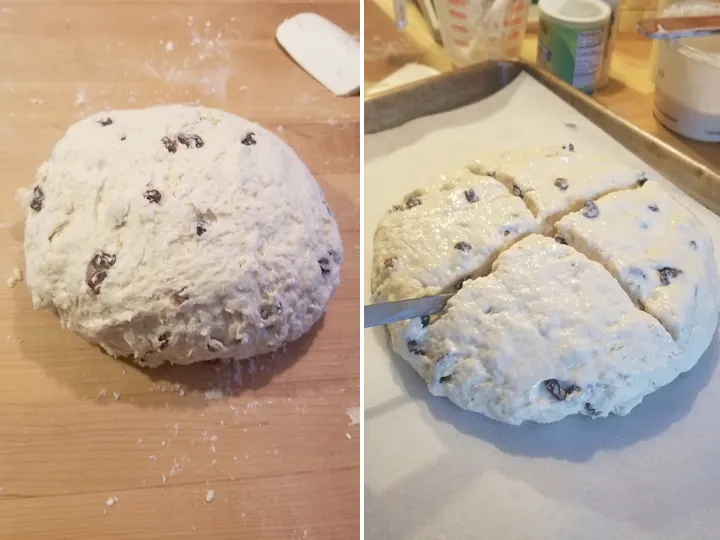 Two photos showing how to prepare soda bread for the oven