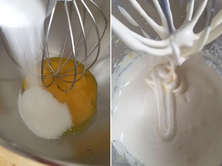 two photos showing how to whip egg yolks to make french buttercream