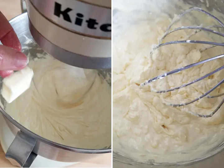 two photos showing adding butter to egg yolks for french buttercream and how it will look